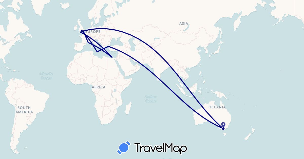 TravelMap itinerary: driving in Australia, Egypt, France, United Kingdom, Malta, Turkey (Africa, Asia, Europe, Oceania)